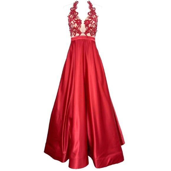 Say Yes To The Prom Embroidered Lace A-Line Dress Size 1 Pockets Backless Red - Picture 2 of 16